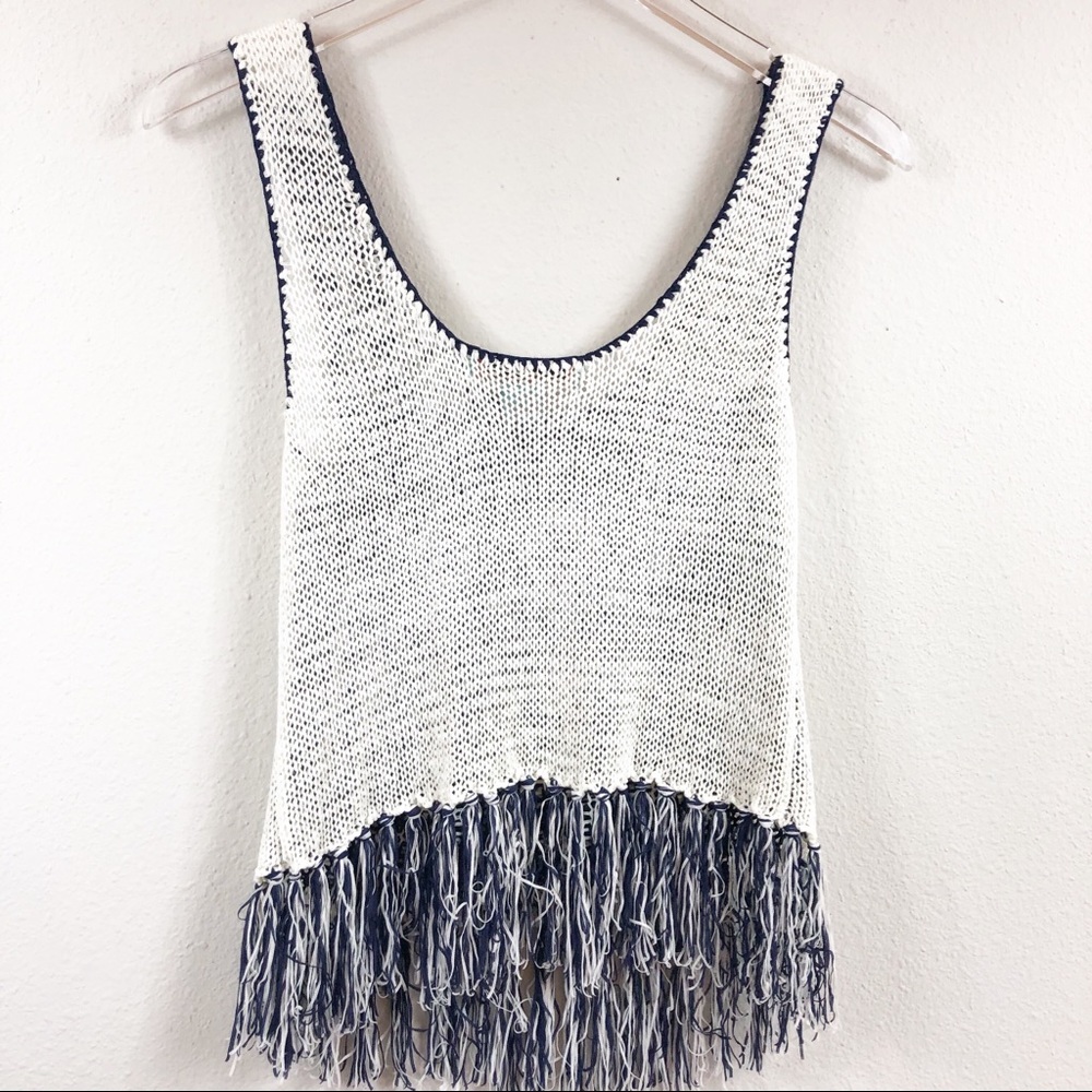 Flying Tomato | Navy and White Knit Fringe Tank - Picture 5 of 5